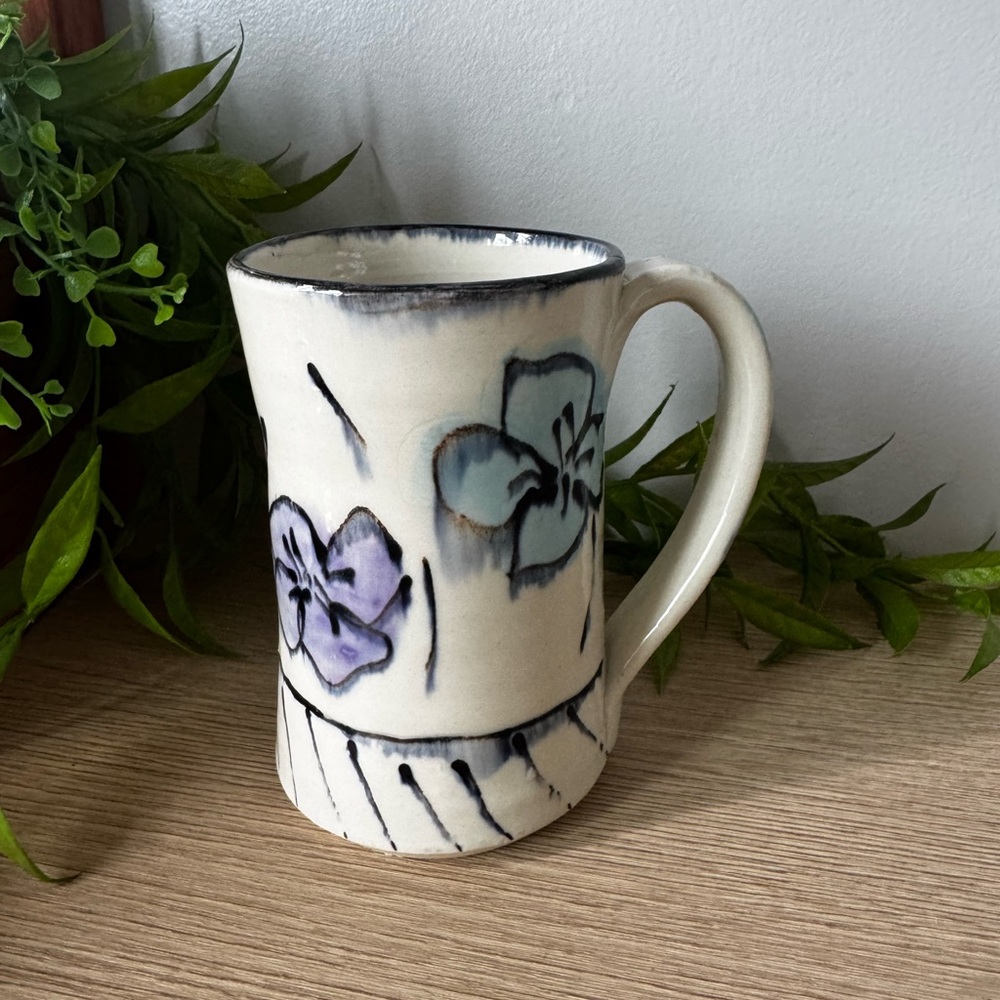 Handcrafted Floral Ceramic Mug - Cream and Purple